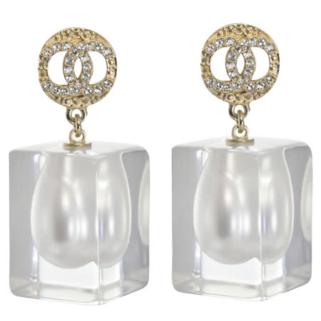 CHANEL 圓形雙C LOGO珍珠垂飾耳環.香檳金