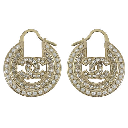 CHANEL AB4174 雙C LOGO珍珠半圓造型耳環.淡金