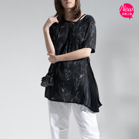 PANGCHI 龐吉
手繪花雪紡百褶側邊綁帶上衣