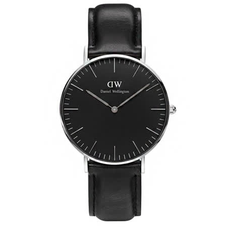 DW Daniel Wellington 經典黑色皮革腕錶-銀框/36mm(DW00100145)
