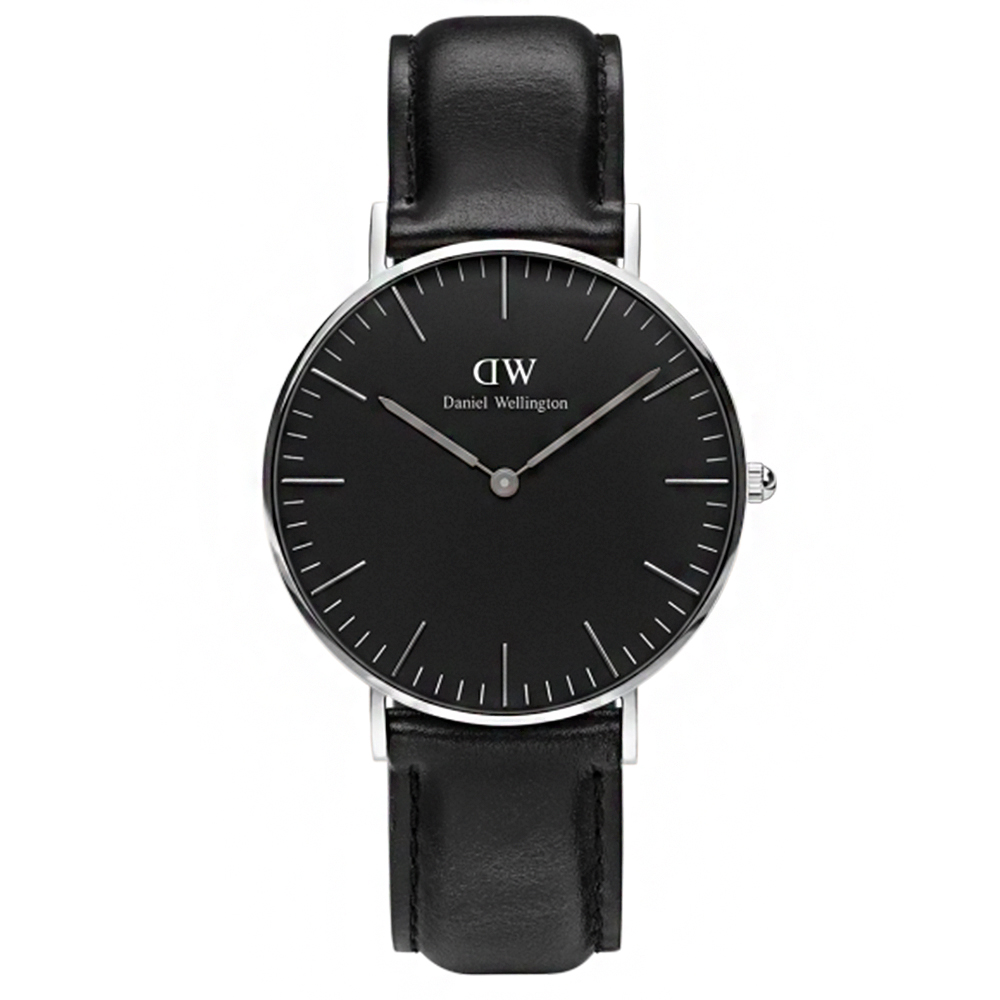 DW Daniel Wellington 經典黑色皮革腕錶-銀框/36mm(DW00100145)