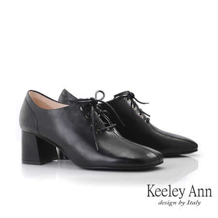 Keeley Ann極簡魅力 柔軟羊皮綁帶方頭跟鞋(黑色125772410-Ann系列)