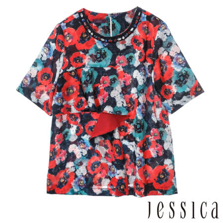JESSICA-花卉鑽飾圓領短袖雪紡上衣