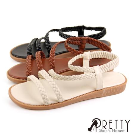 【Pretty】一字編織雙細帶羅馬平底涼鞋