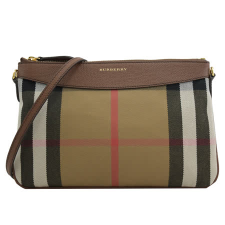 BURBERRY 3975374 HOUSE格紋棉麻拼接手拿斜背包.咖邊