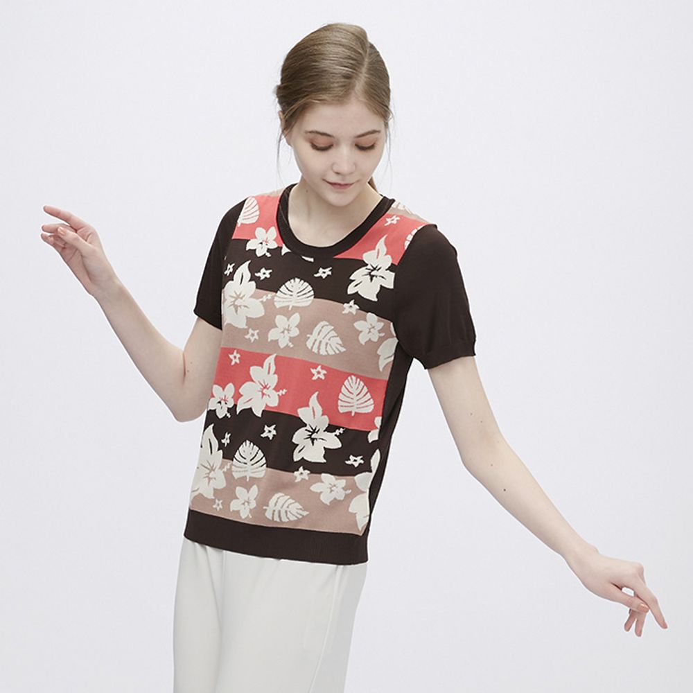 YH 盈樺 亮麗撞色條紋清新植物圖案提花針織衫