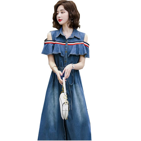 【俏可時尚】/預購/ 韓系性感露肩荷葉袖收腰排釦牛仔連身裙#891