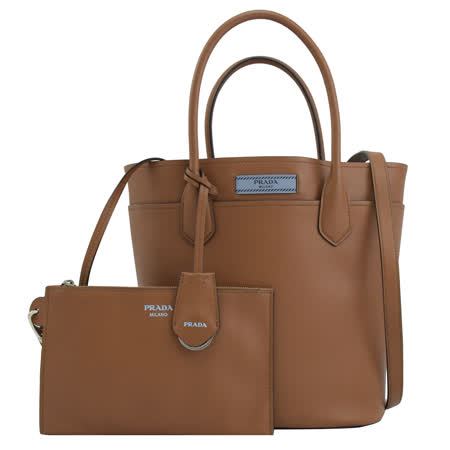 PRADA 1BA180 壓印LOGO小牛皮兩用水桶包.咖/藍
