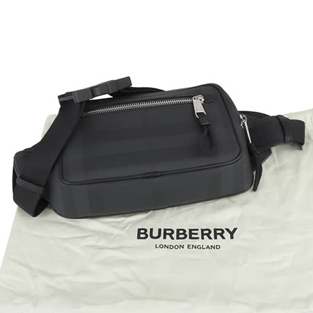 BURBERRY-經典LONDON 防刮格紋格紋PVC 男側/胸背包(黑灰)