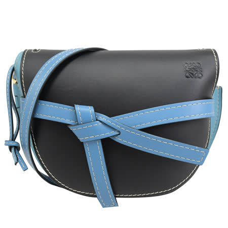 LOEWE Gate 綁結拼接小牛皮斜背馬鞍包.黑/藍