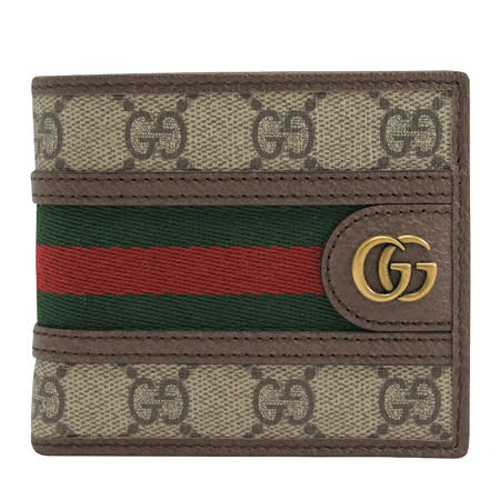GUCCI 597606 經典雙G LOGO 織帶八卡雙折短夾.咖