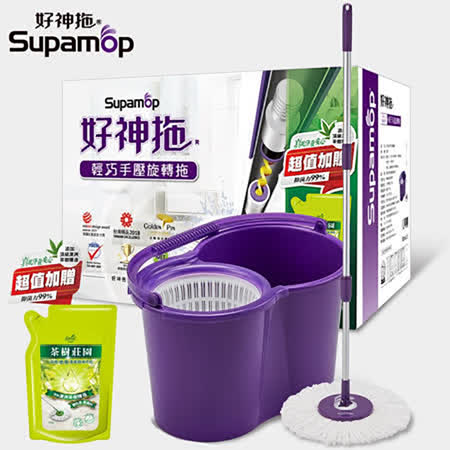 買就送地板清潔劑★好神拖 輕巧手壓拖把組(1拖1桶2布)