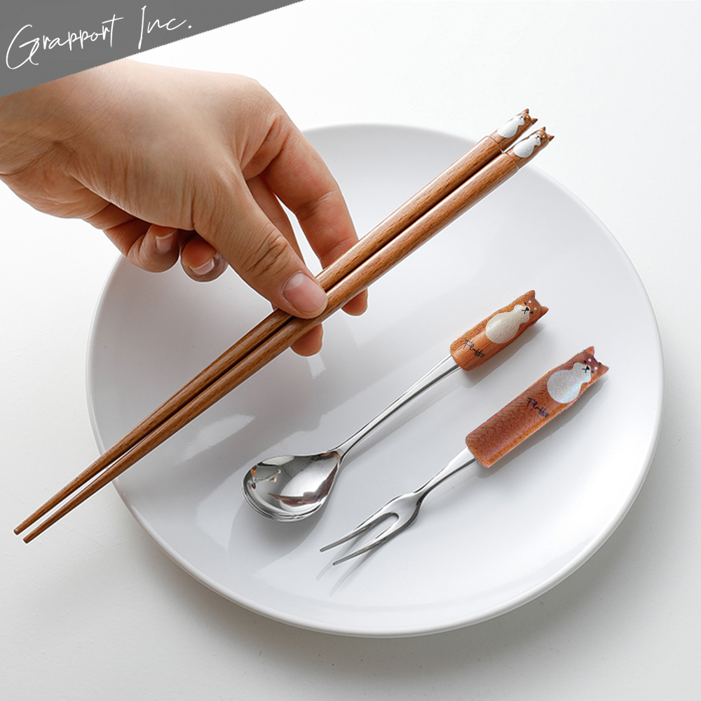 【GRAPPORT】日本製Fluffy系列天然木筷子/湯匙/叉子3件組-柴犬款