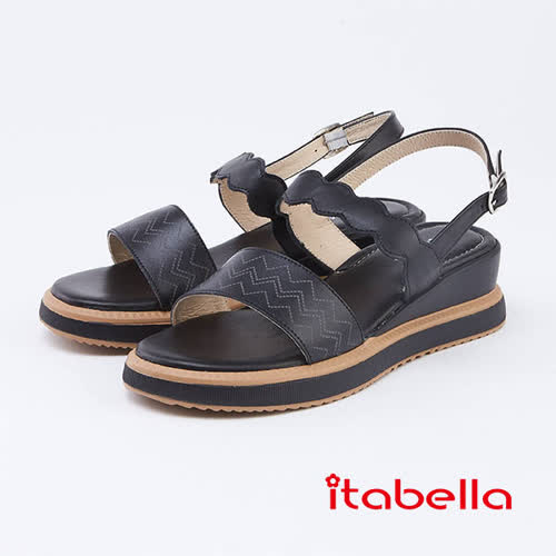 itabella．真皮素面厚底楔型涼鞋(1307-90-黑色)