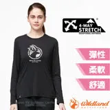 【荒野 WildLand】女新款 彈性LOGO印花抗UV長袖上衣.圓領T恤.休閒運動排汗衣/0A91617-54 黑