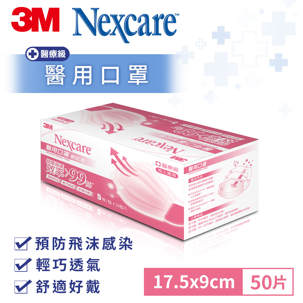 3M 成人醫用口罩盒裝50片(粉紅)-5片X10包
