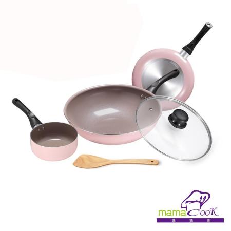【義大利Mama Cook】綻粉陶瓷不沾鍋具3鍋5件組(贈馬卡龍收納桶)【美安獨家】