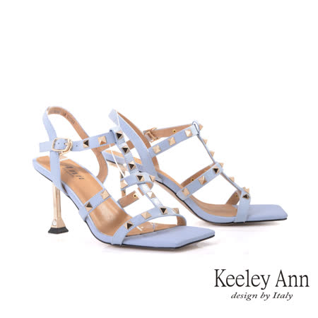 Keeley Ann個性玩酷 一字鉚釘方頭高跟涼鞋(藍色122687160-Ann系列)