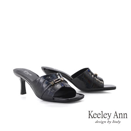 Keeley Ann石頭壓紋 方頭寬帶高跟拖鞋(黑色121932210-Ann系列)