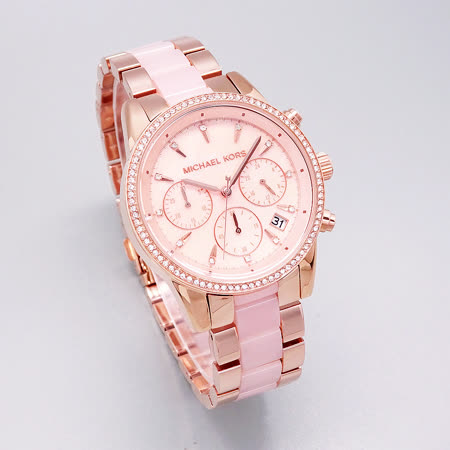 Michael Kors 超時代巨星降臨晶鑽三眼計時優質腕錶-粉紅+玫瑰金-MK6769