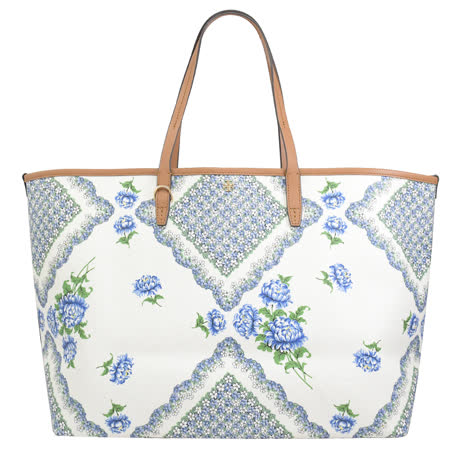 TORY BURCH 80114 雙T LOGO 滿版花卉PVC肩背托特包.白