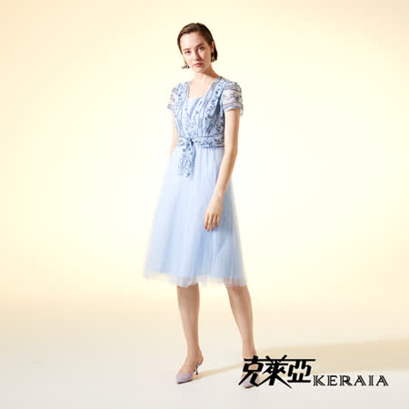 【KERAIA 克萊亞】湛藍花舞浪漫蕾絲洋裝