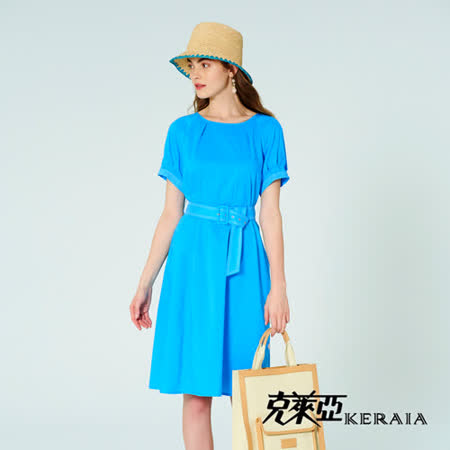 【KERAIA 克萊亞】藍海秘境釦飾不對稱洋裝(附腰帶)