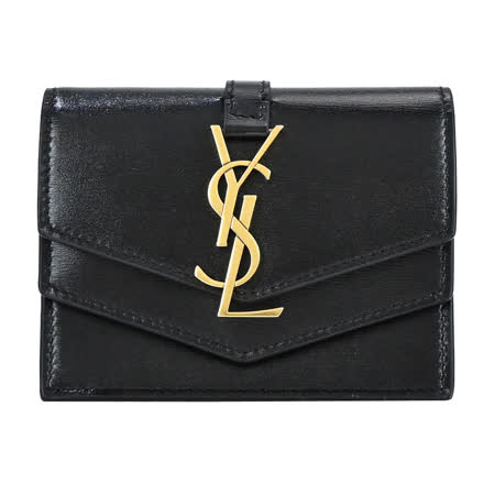 YSL SULPICE 絎縫小牛皮翻蓋牛皮卡片/零錢夾(黑)