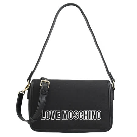 MOSCHINO LOVE MOSCHINO 電繡LOGO帆布翻蓋兩用包.黑