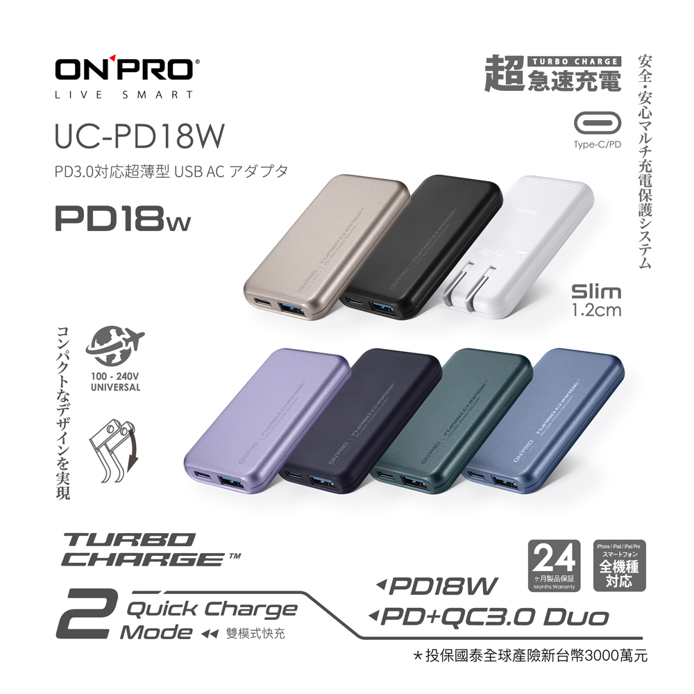 【APP限定】ONPRO UC-PD18W QC3.0+PD18W 雙孔快充USB充電器