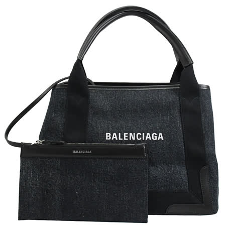 BALENCIAGA 巴黎世家 339933 NAVY系列單寧皮飾邊手提子母包.深藍 大
