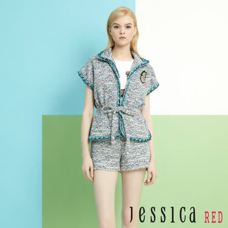 JESSICA RED-短版毛呢綁帶造型外套(藍)