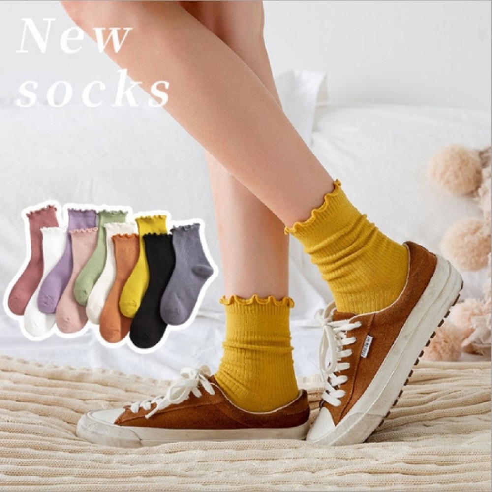 【PS Mall】木耳邊素色中筒襪堆堆襪子棉襪短襪中筒襪 4雙 (J857)