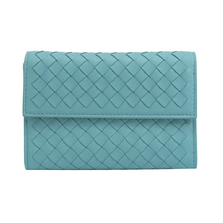 BOTTEGA VENETA 472438 編織皮革三折扣式中夾.湖水綠