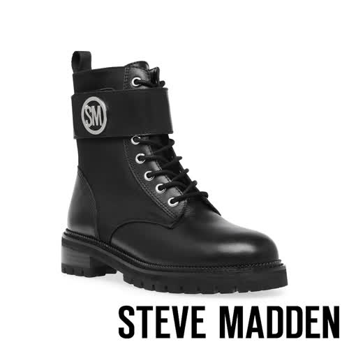 【STEVE MADDEN】TRACKSTER 品牌LOGO造型綁帶中筒靴(黑色)