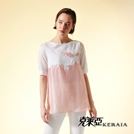 【KERAIA 克萊亞】輕柔淡雅拚色繡花上衣