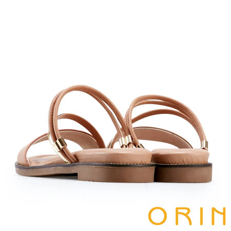 【ORIN】金屬斜邊飾條牛皮平底拖鞋(棕色)