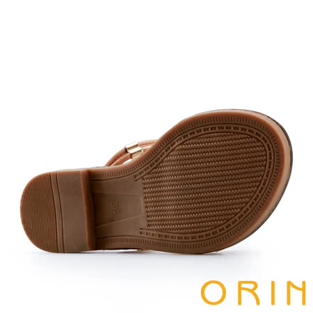 【ORIN】金屬斜邊飾條牛皮平底拖鞋(棕色)