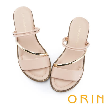 【ORIN】金屬斜邊飾條牛皮平底 女 拖鞋(裸色)