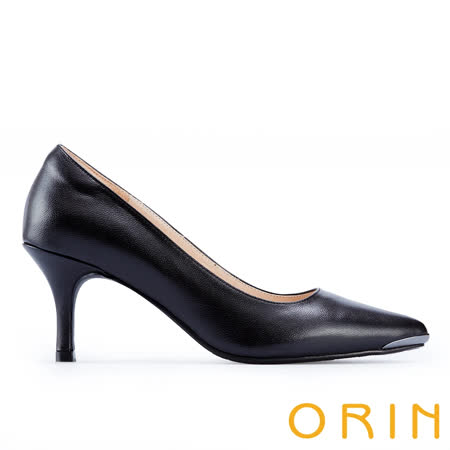 【ORIN】優雅女人 羊皮尖頭金屬條百搭高跟鞋(黑色)