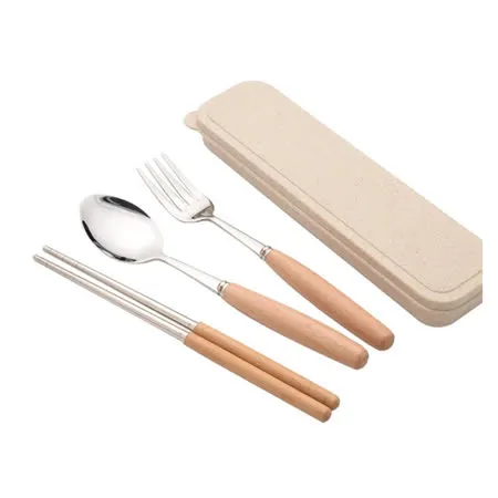 【PS Mall】 環保筷 湯匙 筷子 叉子 餐具組 原木 不鏽鋼 三件套 日式木柄 環保餐具 2入【J164】