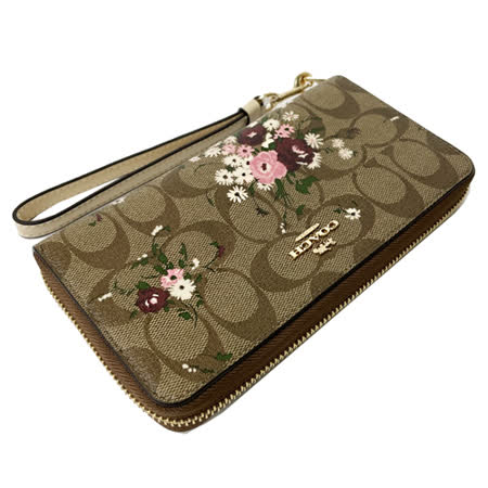 【COACH】C LOGO花卉手掛式拉鍊零錢袋長夾(花卉/焦糖)