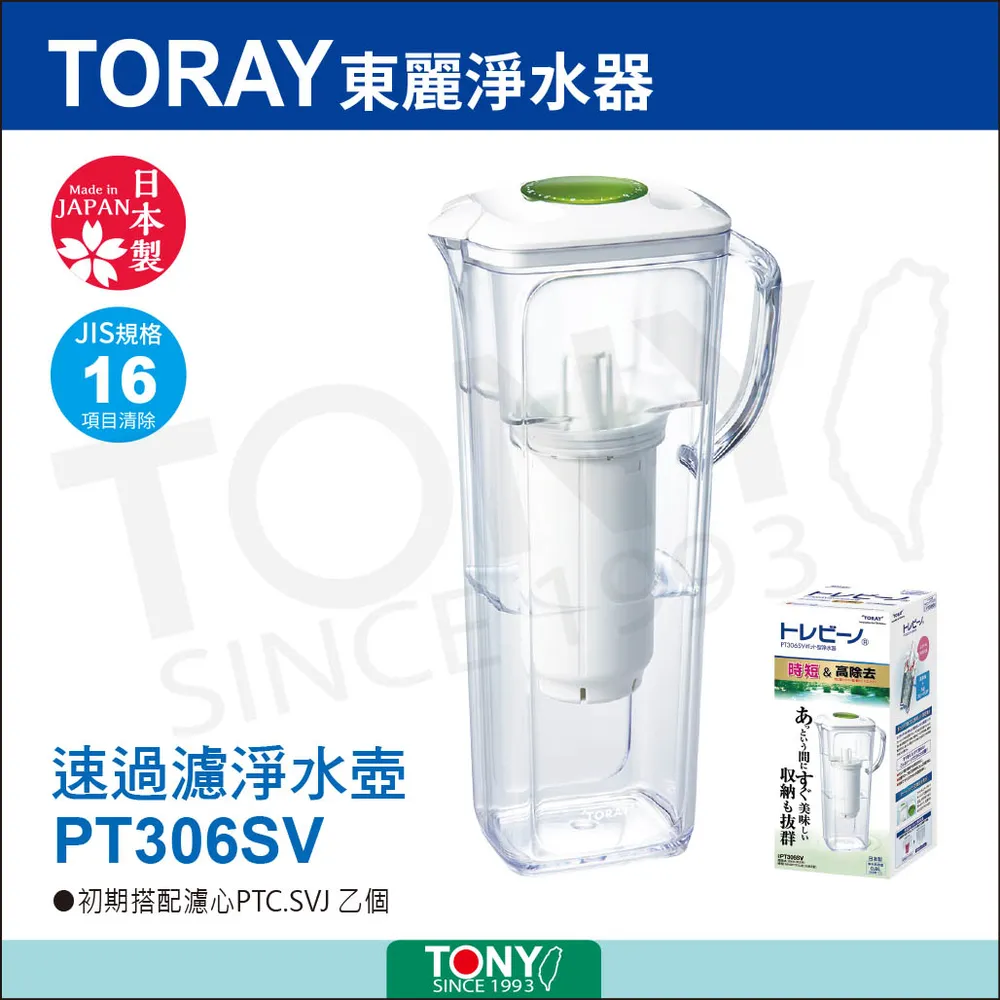 TORAY 東麗 PT306SV 日本製速過濾淨水壺(1.2L) + 濾心PTC.SV2J(2入裝)