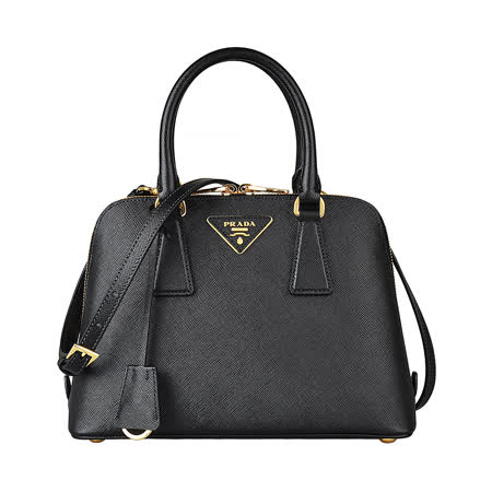 PRADA SAFFIANO燙金三角LOGO防刮牛皮拉鍊手提斜背隨身包(黑)