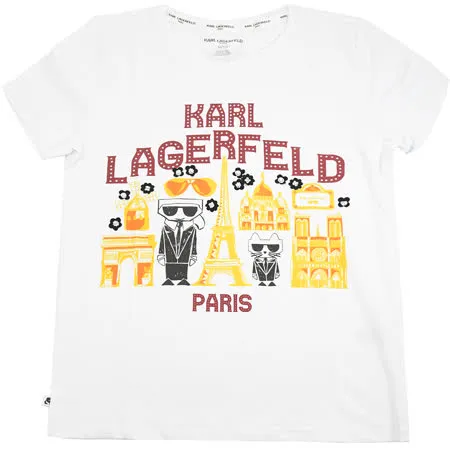 KARL LAGERFELD 卡爾 水鑽LOGO卡爾公仔棉質短T恤.白