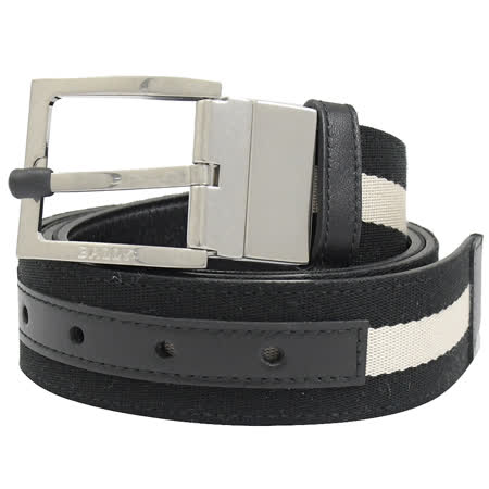 BALLY 6178814 TONNI 黑白黑織帶雙面針扣皮帶.黑