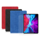 VXTRA 2020 iPad Pro 12.9吋 帆布紋 筆槽矽膠軟邊三折保護套+9H鋼化玻璃貼(合購價) 騎士藍+玻璃貼