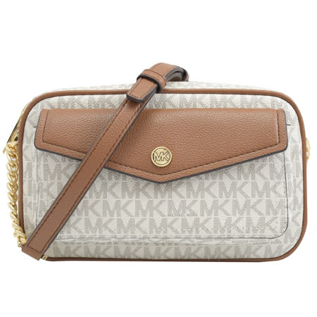 MICHAEL KORS JET SET TRAVEL MK LOGO 印花相機包.白咖