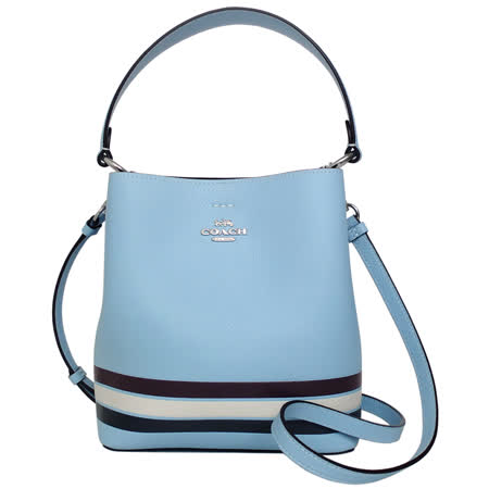 COACH水藍全皮三色條紋雙層肩背/斜背小款水桶包