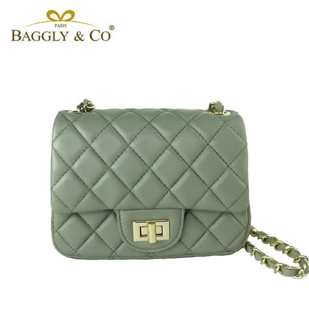 【BAGGLY&CO】小香風羊皮菱格紋鍊條斜背小包(抹茶綠)